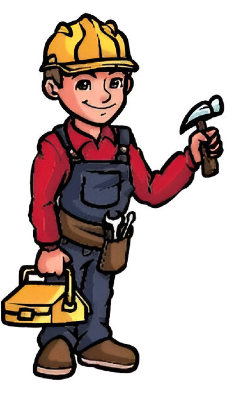 Cartoon construction worker with tools.